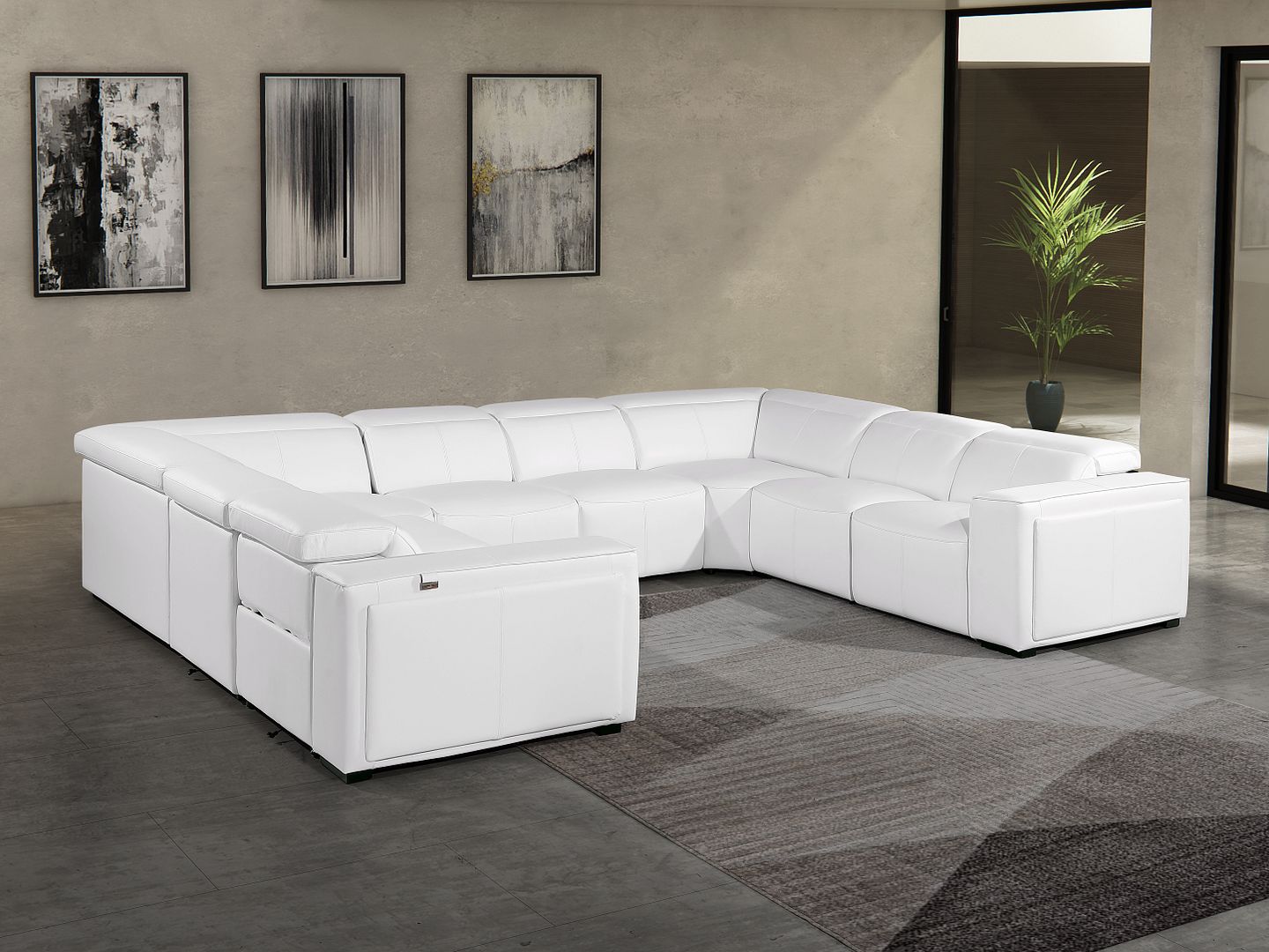 1224 Divanitalia 8-Piece U-Shaped Sectional Sofa in Top Grain Italian Leather with 4 Power Recliners & Power Headrests - White