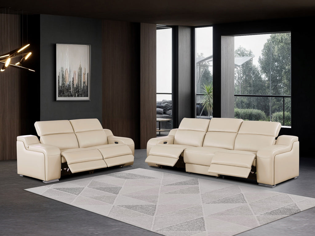 1116 DivanItalia Beige Modular Power Reclining Sofa and Loveseat Set – Top Grain Italian Leather with Power Headrests