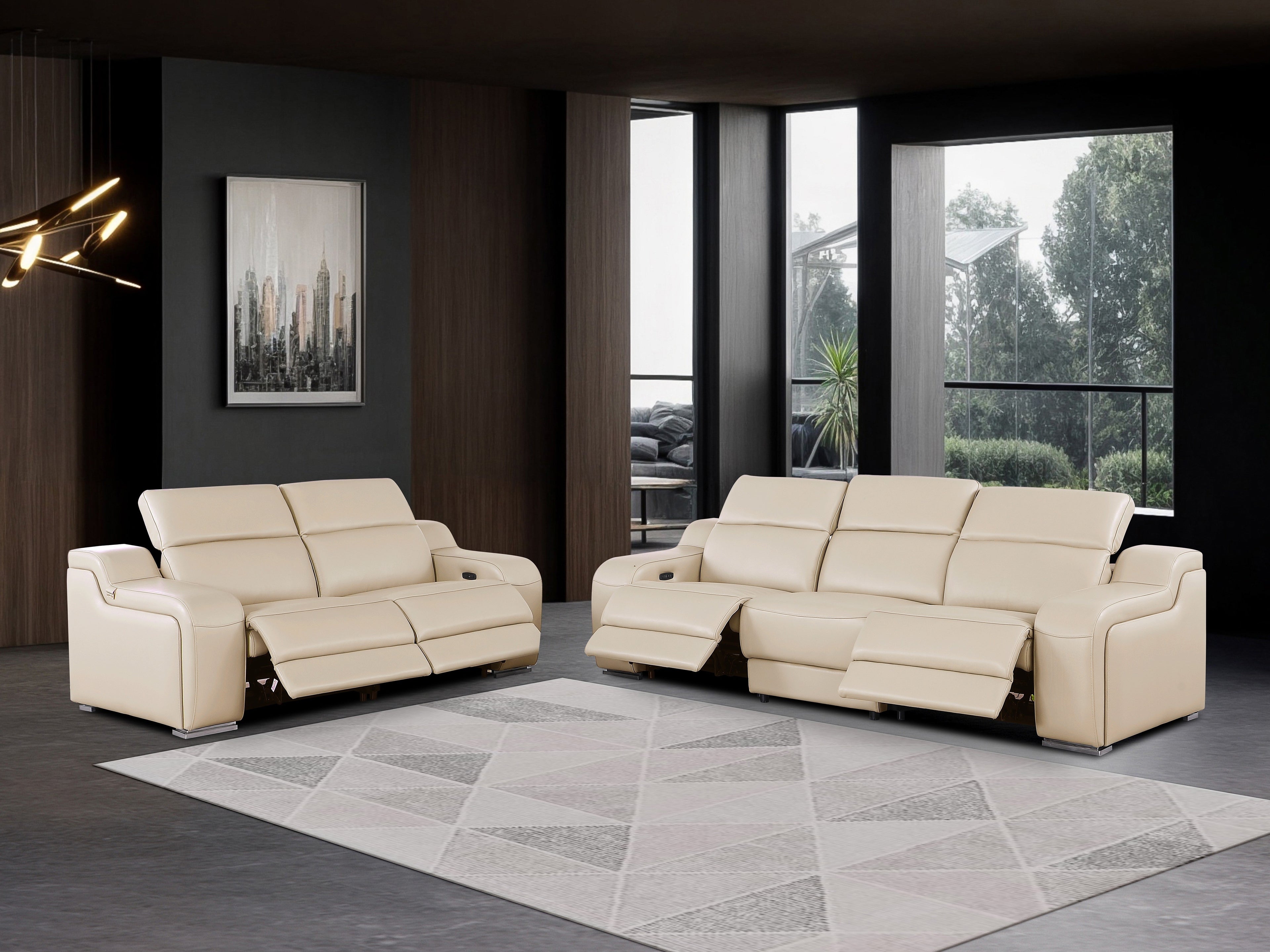 1116 DivanItalia Beige Modular Power Reclining Sofa and Loveseat Set – Top Grain Italian Leather with Power Headrests