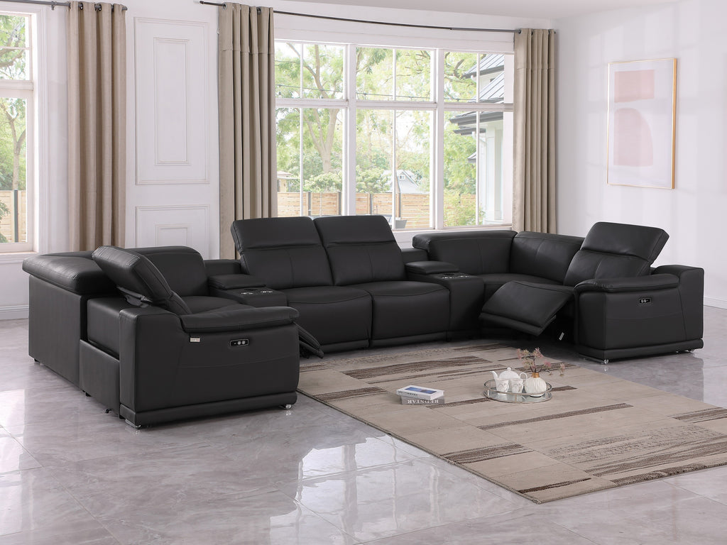 9762 DivanItalia Black 8-Piece Sectional – Top Grain Italian Leather with 2 Power Recliners and 2 Consoles