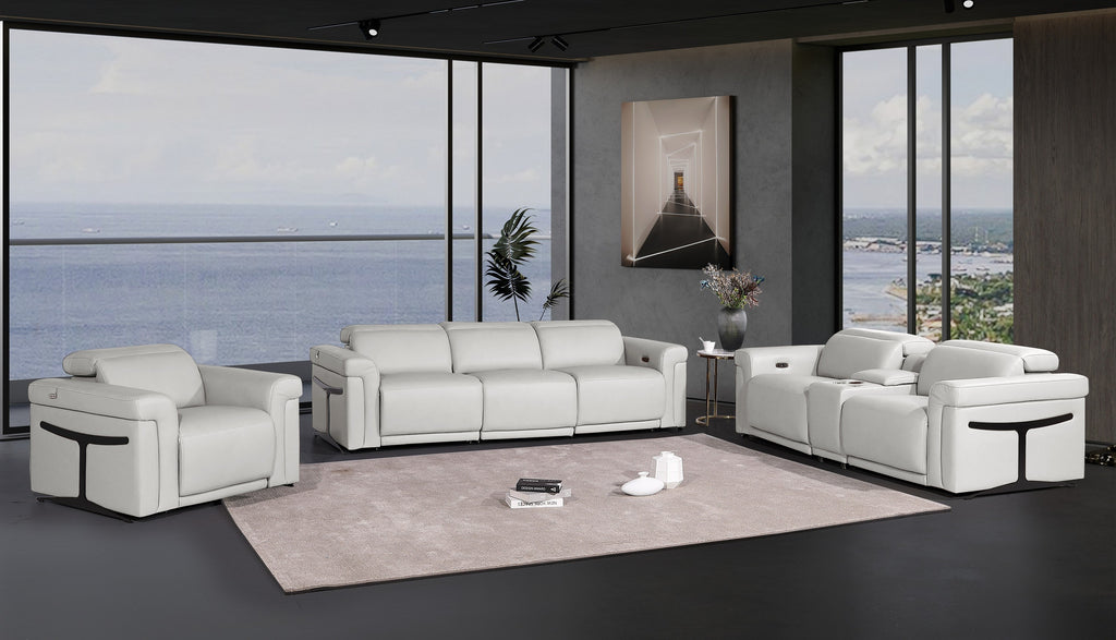 1126 DivanItalia LIght Grey 7-Piece Modular Power Reclining Sofa, Loveseat, and Chair Set – 6 Recliners, Top Grain Italian Leather