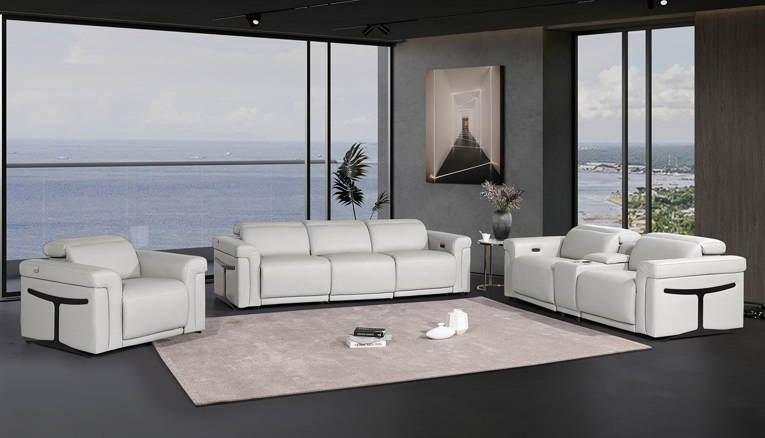 1126 DivanItalia LIght Grey 6-Piece Modular Power Reclining Sofa, Loveseat, and Chair Set – 6 Recliners, Top Grain Italian Leather with Power Headrests