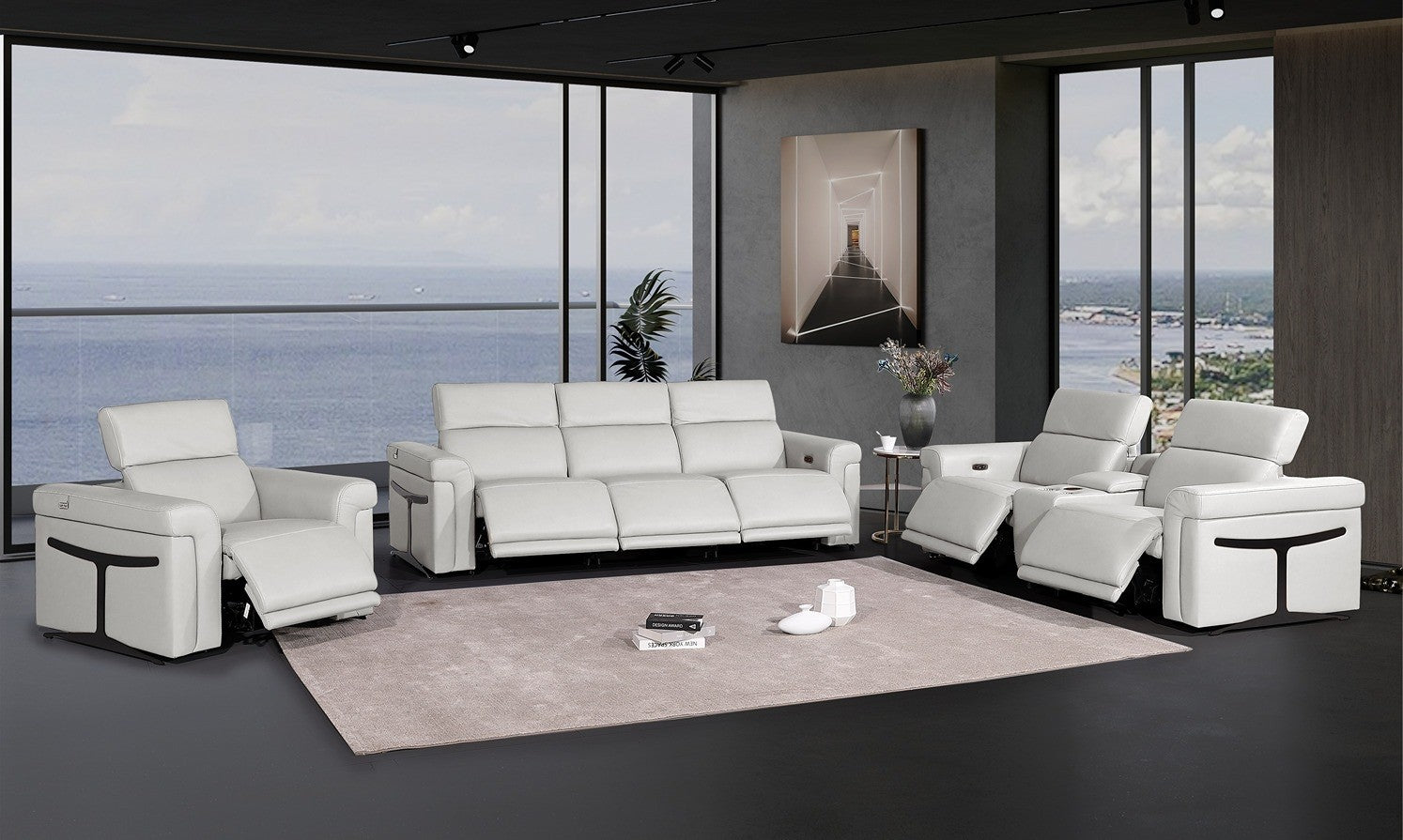1126 DivanItalia LIght Grey 6-Piece Modular Power Reclining Sofa, Loveseat, and Chair Set – 6 Recliners, Top Grain Italian Leather with Power Headrests