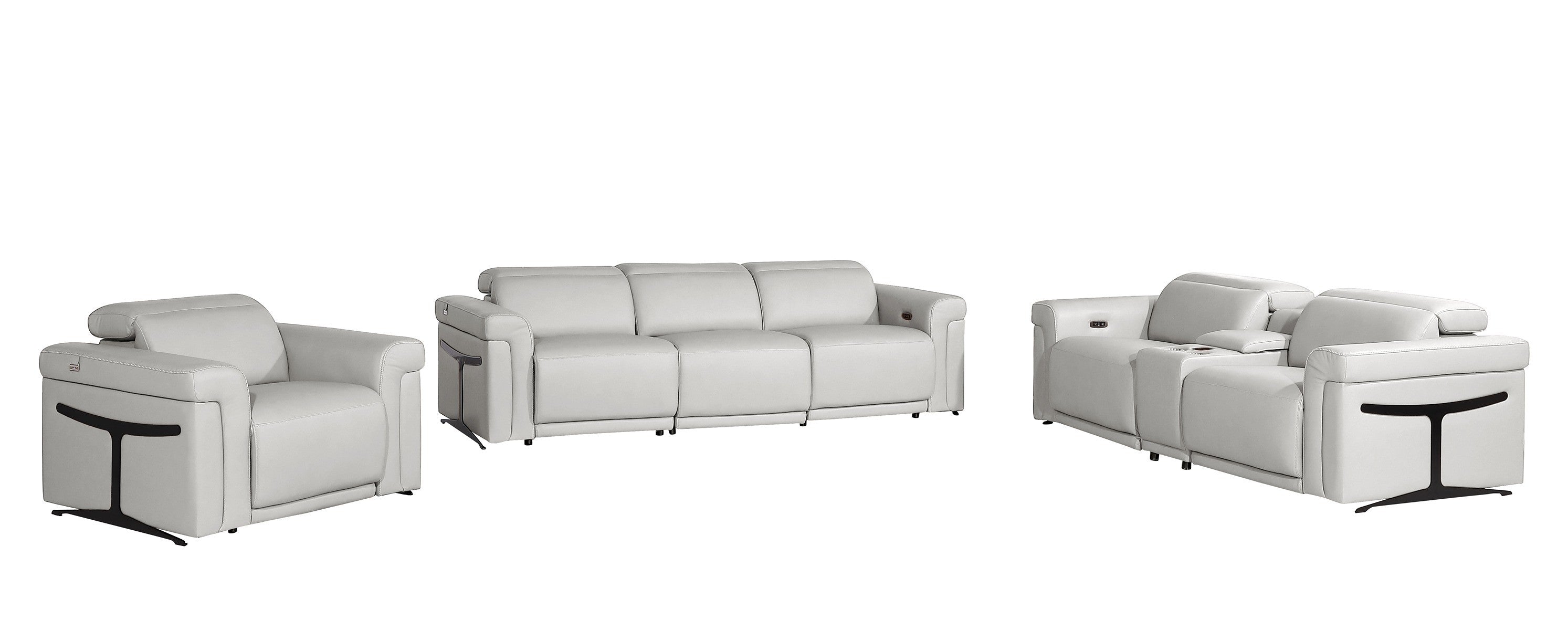 1126 DivanItalia LIght Grey 7-Piece Modular Power Reclining Sofa, Loveseat, and Chair Set – 6 Recliners, Top Grain Italian Leather