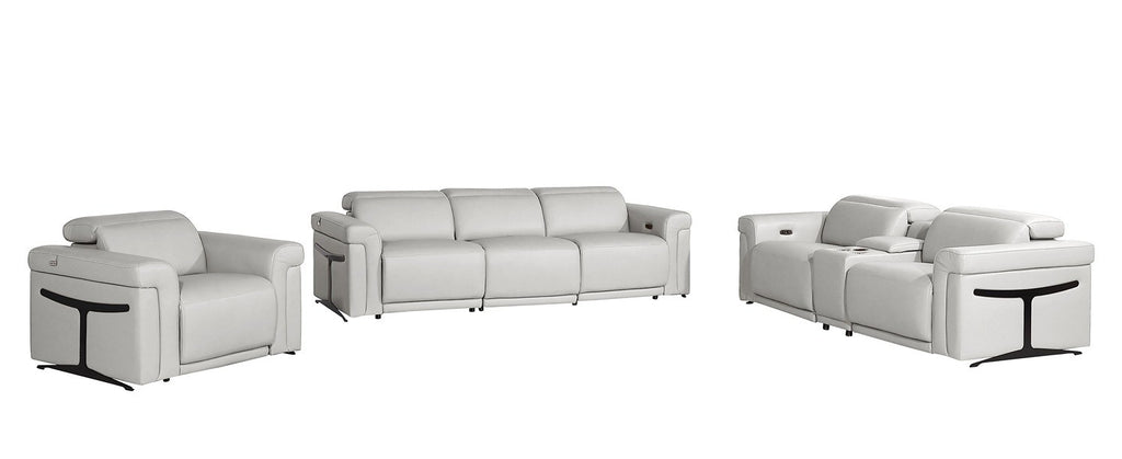 1126 DivanItalia LIght Grey 6-Piece Modular Power Reclining Sofa, Loveseat, and Chair Set – 6 Recliners, Top Grain Italian Leather with Power Headrests