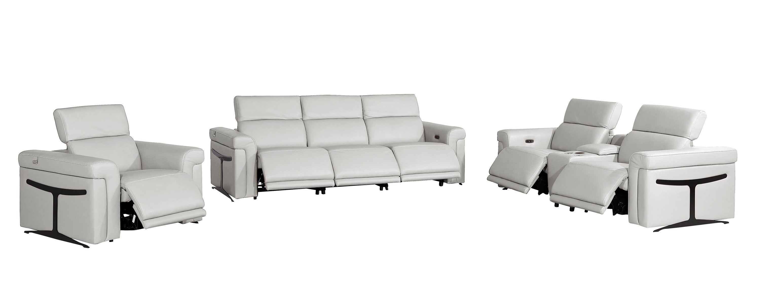 1126 DivanItalia LIght Grey 7-Piece Modular Power Reclining Sofa, Loveseat, and Chair Set – 6 Recliners, Top Grain Italian Leather