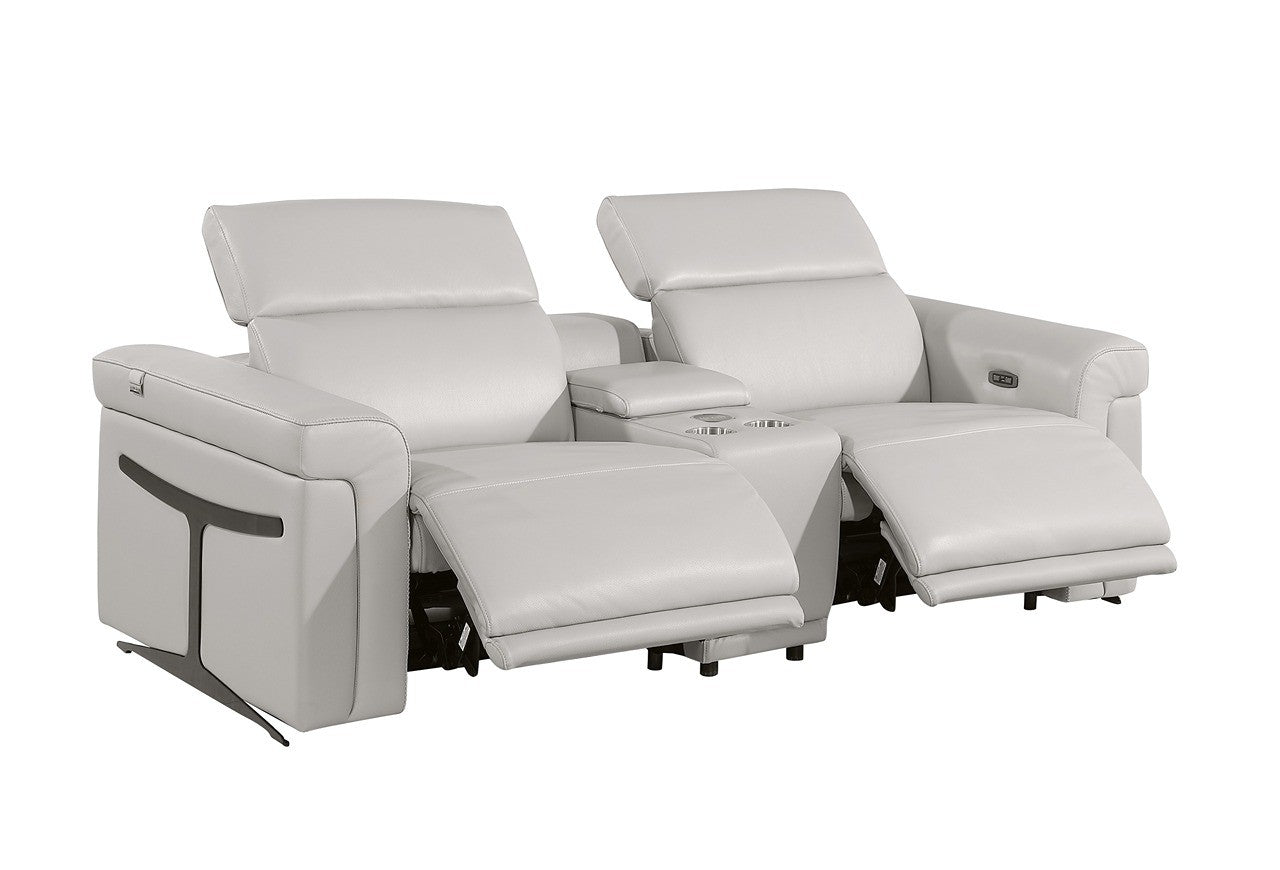 1126 DivanItalia LIght Grey 6-Piece Modular Power Reclining Sofa, Loveseat, and Chair Set – 6 Recliners, Top Grain Italian Leather with Power Headrests