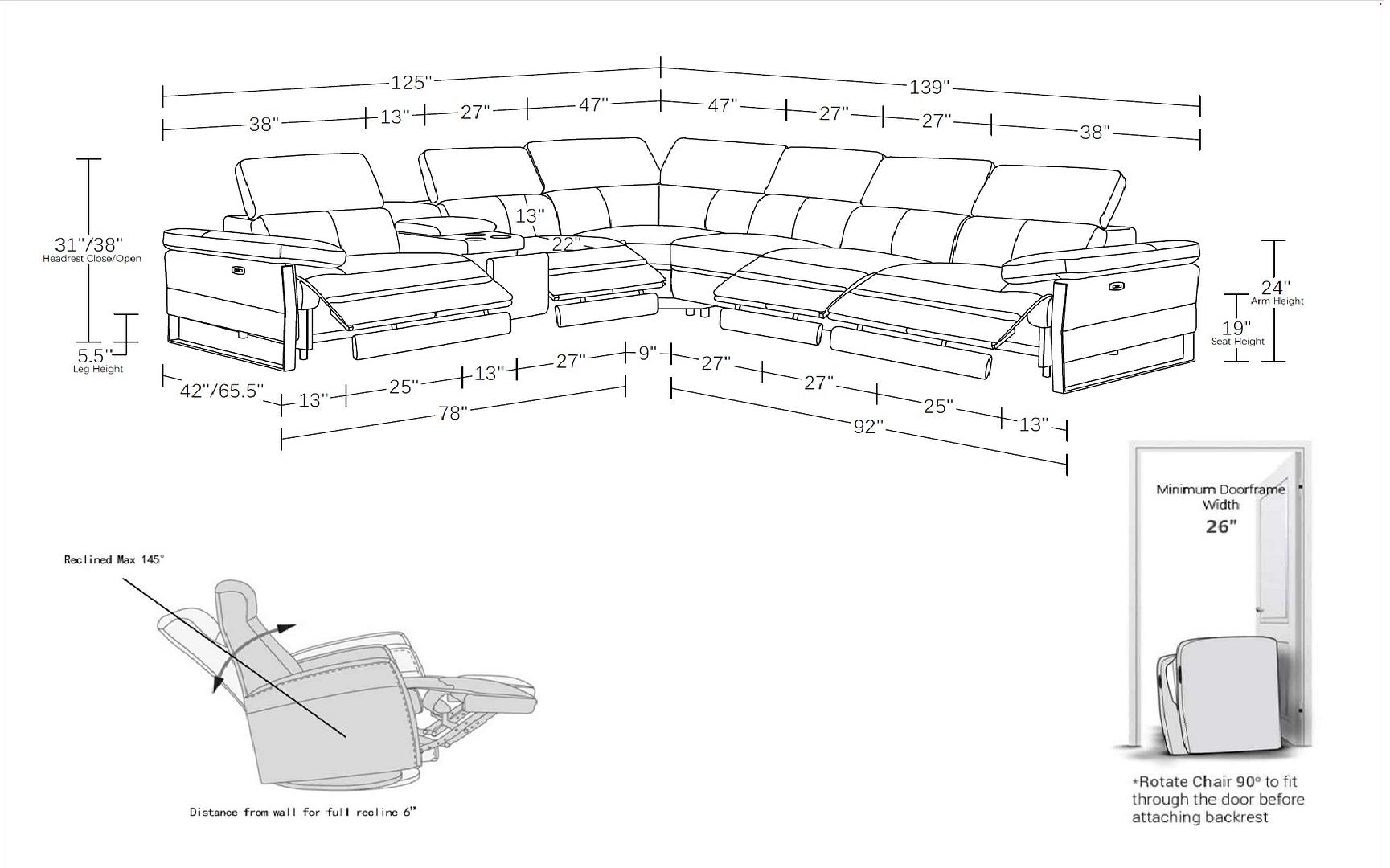 1246 Divanitalia 7-Piece L-Shaped Modular Power Reclining Sectional Sofa with 4 Power Recliners and Power Headrests - Top Grain Italian Leather