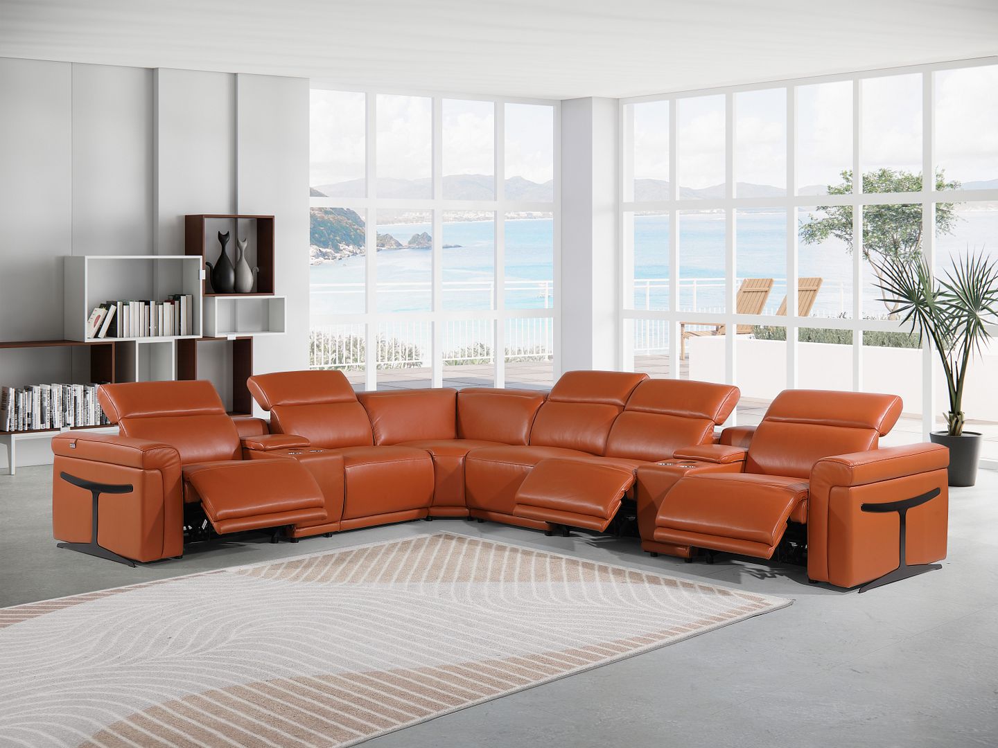 1126 Divanitalia 8-Piece L-Shaped Sectional Sofa in Top Grain Italian Leather with 3 Power Recliners & Power Headrests - Camel