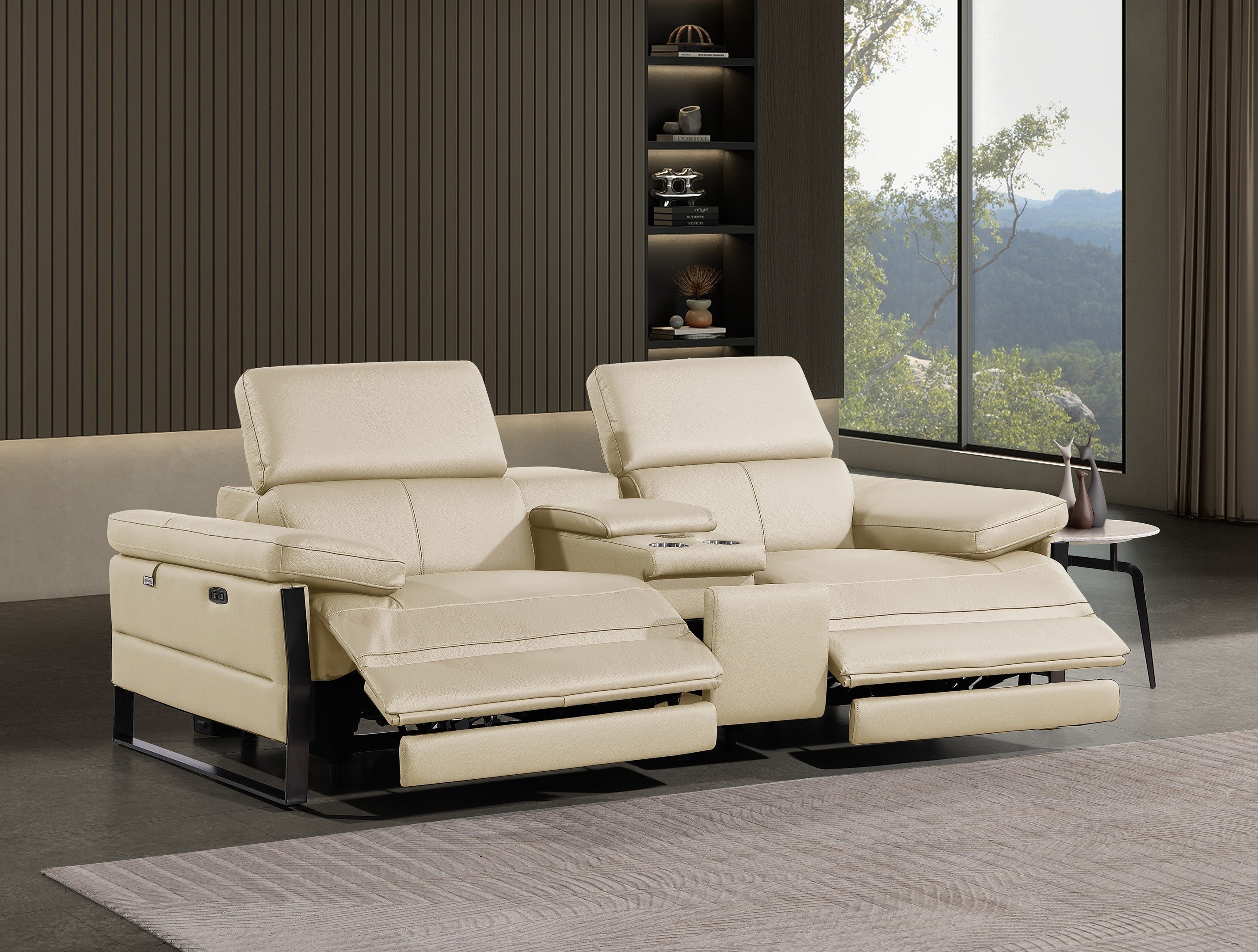 1246 Beige Top-Grain Italian Leather Console Loveseat (Power Headrest)