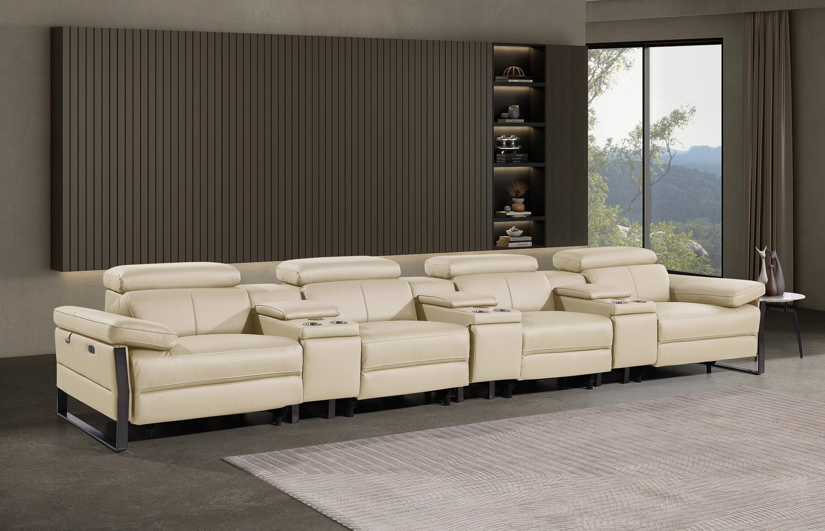 1246 - DivanItalia Beige Modular Power Triple Reclining Triple Console Sofa with Power Reclining Headrests - Top Grain Italian Leather