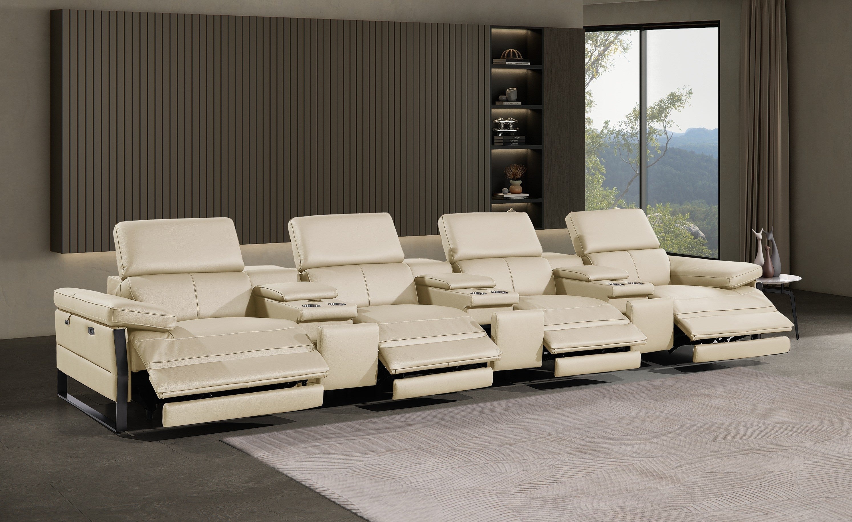 1246 - DivanItalia Beige Modular Power Triple Reclining Triple Console Sofa with Power Reclining Headrests - Top Grain Italian Leather