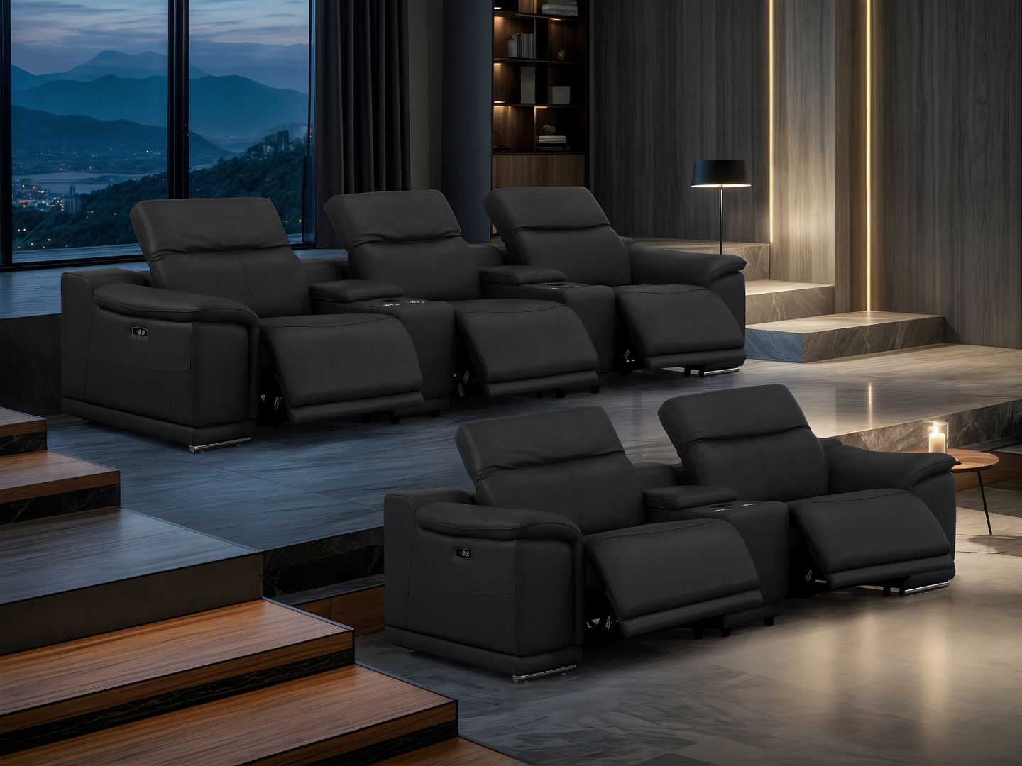 2679 Power Reclining Sofa and Loveseat in Genuine Leather - 5 Recliners with Power Headrests & 3 Consoles - Black