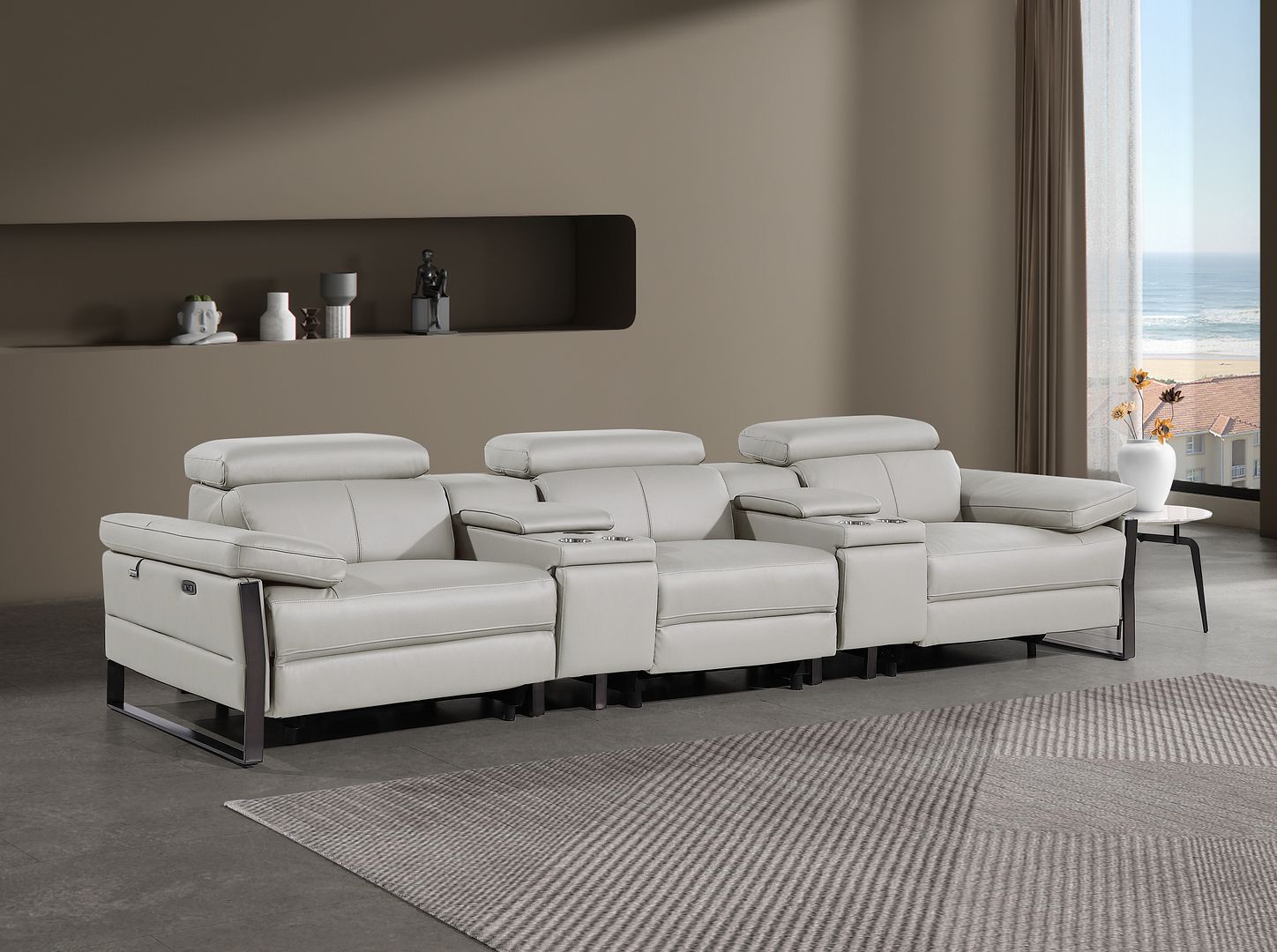 1246 Divanitalia Modular Power Triple Reclining Dual Console Sofa with Power Reclining Headrests - Top Grain Italian Leather - Light Grey - SKU 1246-LT-GREY-5.3-HT