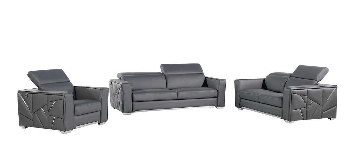 1120 Divanitalia 3-Piece Sofa Set with Adjustable Headrest in Top-grain Italian Leather - Dark Grey - SKU 1120-DK-GREY-3PC - view 2