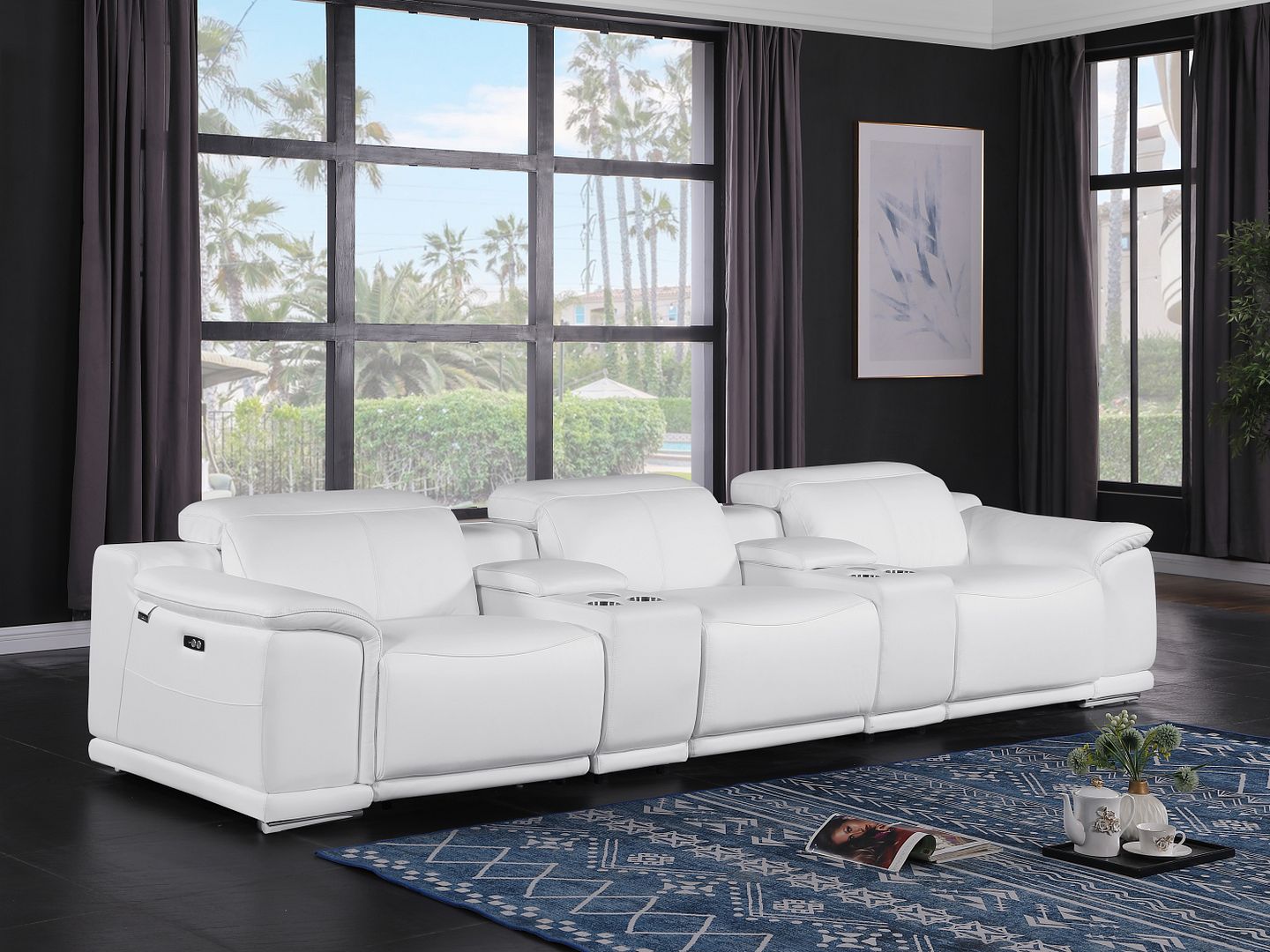9762 Divanitalia 5-Piece Modular Power Reclining Sofa and Loveseat Set with 3 Power Recliners in Top Grain Italian Leather - White