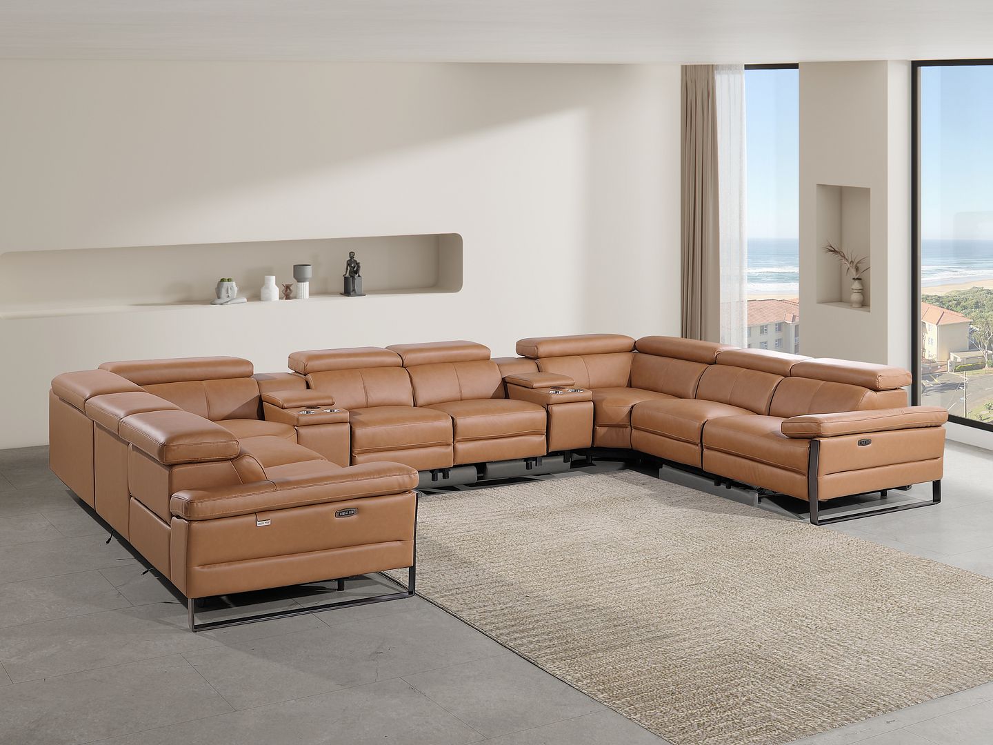 1246 Divanitalia 10-Piece U-Shaped Modular Power Reclining Sectional Sofa with 4 Power Recliners and Power Headrests - Top Grain Italian Leather - Cognac