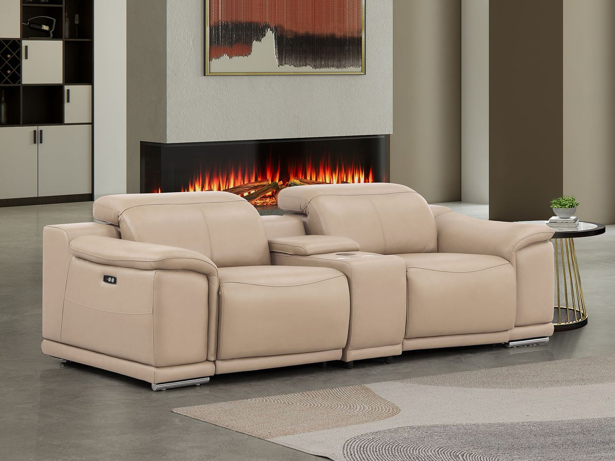 2679 Genuine Leather Console Loveseat with Dual Power Recliners - Beige - SKU 2679-BEIGE-3.2-HT