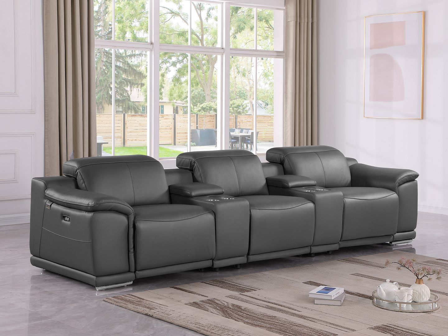 9762 Divanitalia 5-Piece Modular Power Reclining Sofa and Loveseat Set with 3 Power Recliners in Top Grain Italian Leather - Dark Grey