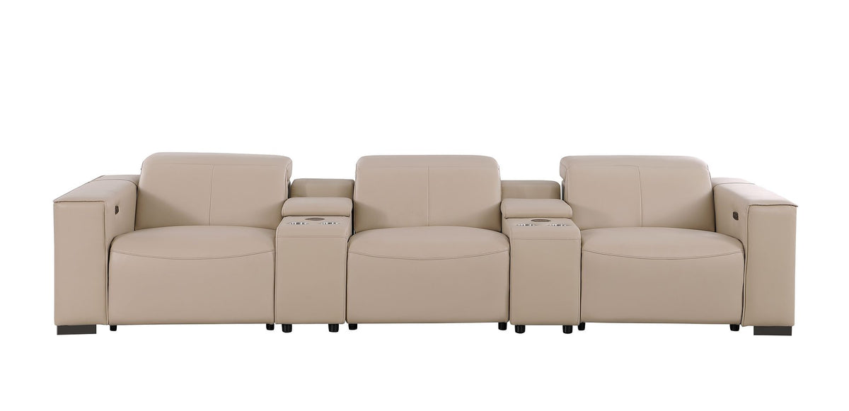 1208 Leather Sofa with 3 Power Recliners and Two Storage Consoles - Beige - SKU 1208-BEIGE-5.3-HT - view 3