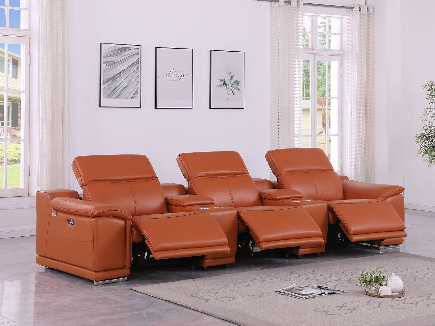 9762 Divanitalia 5-Piece Modular Power Reclining Sofa and Loveseat Set with 3 Power Recliners in Top Grain Italian Leather