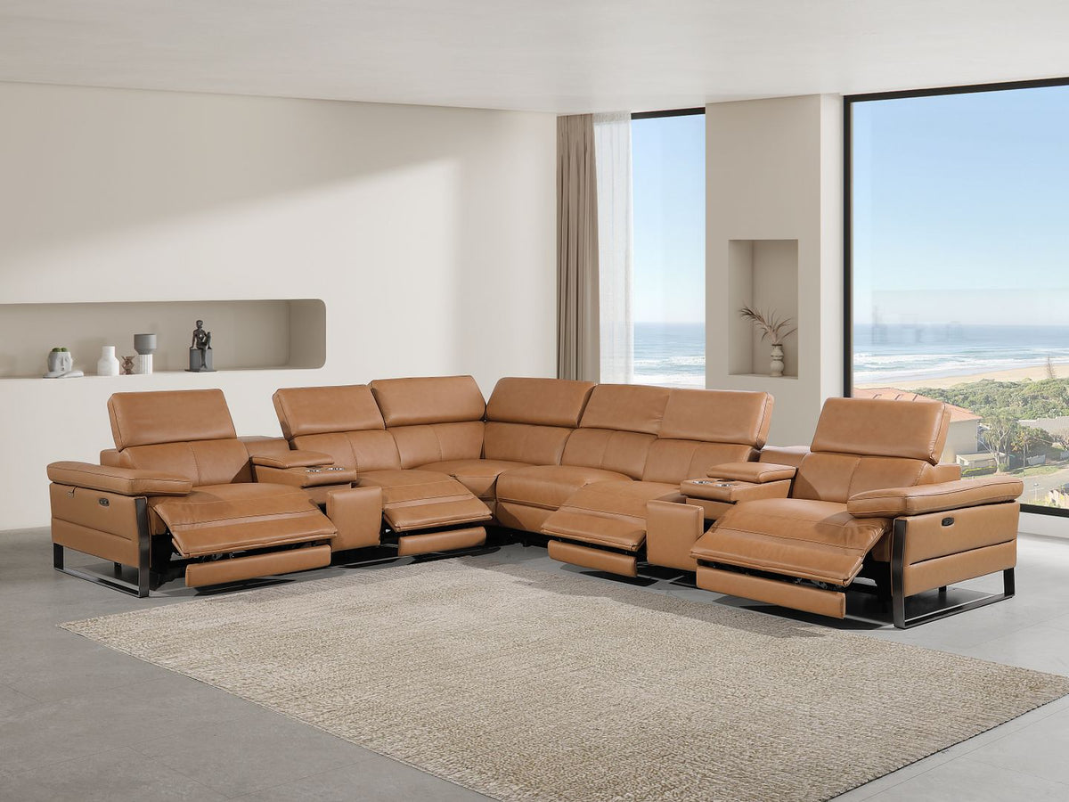 1246 Divanitalia 8-Piece L-Shaped Modular Power Reclining Sectional Sofa with 4 Power Recliners and Power Headrests - Top Grain Italian Leather - Cognac - SKU 1246-COGNAC-8PC-4PWR-SECTIONAL - view 2