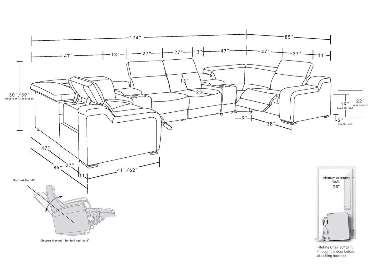 1116 Divanitalia 8-Piece U-Shaped Sectional Sofa in Top Grain Italian Leather with 2 Power Recliners & Power Headrests - Cognac - SKU 1116-COGNAC-8PC-2PWR-U-SECTIONAL-GROUP - view 16