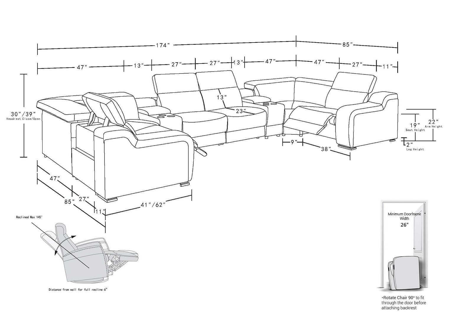 1116 Divanitalia 8-Piece U-Shaped Sectional Sofa in Top Grain Italian Leather with 2 Power Recliners & Power Headrests