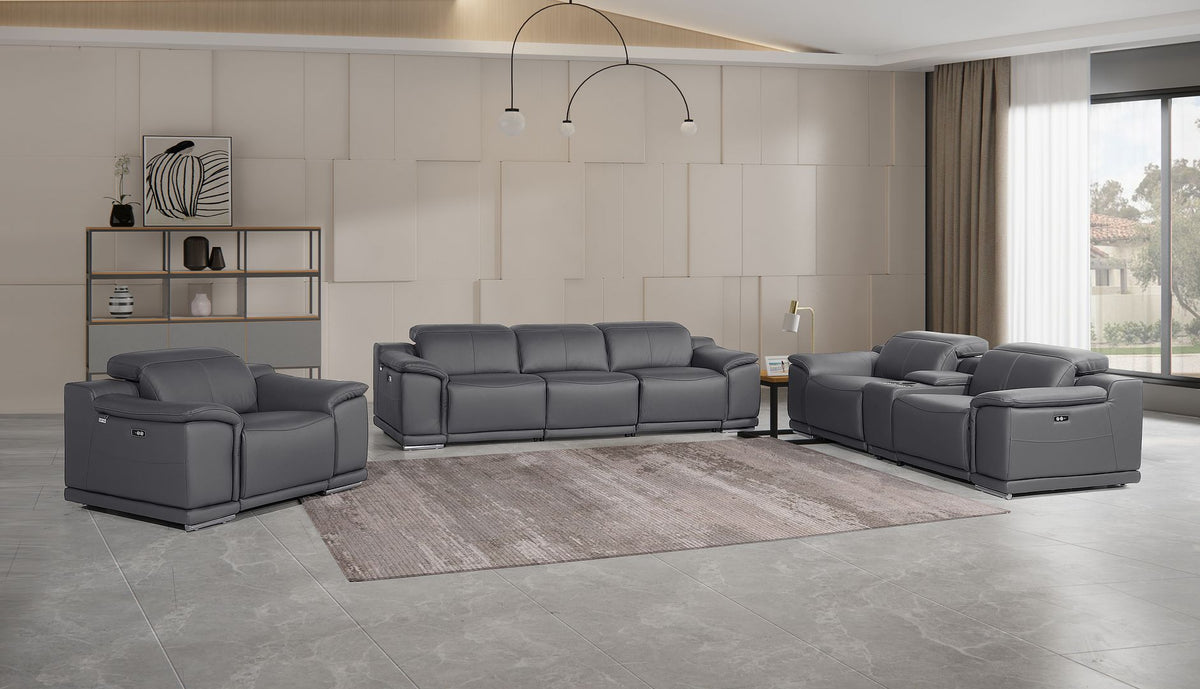 9762 Divanitalia 7-Piece Modular Power Reclining Sofa, Loveseat and Chair Set with 5 Power Recliners in Top Grain Italian Leather - Dark Grey - SKU 9762-DK-GREY-7.5-HT-3PC