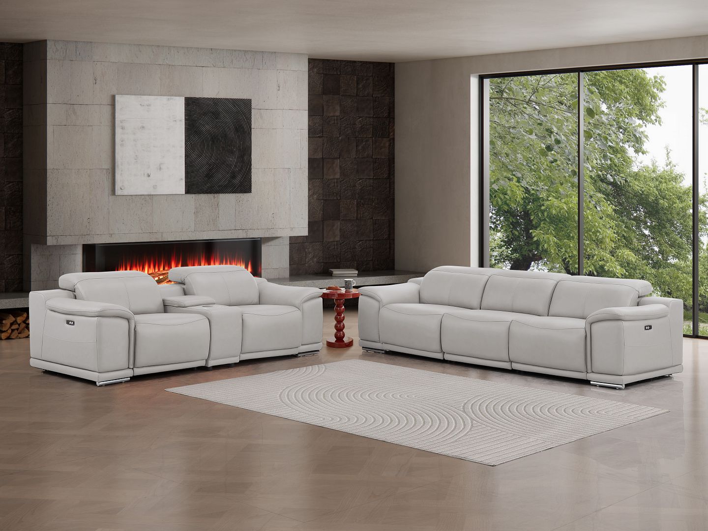 2679 Genuine Leather Reclining Set - Sofa and Loveseat with 5 Power Recliners - Light Grey