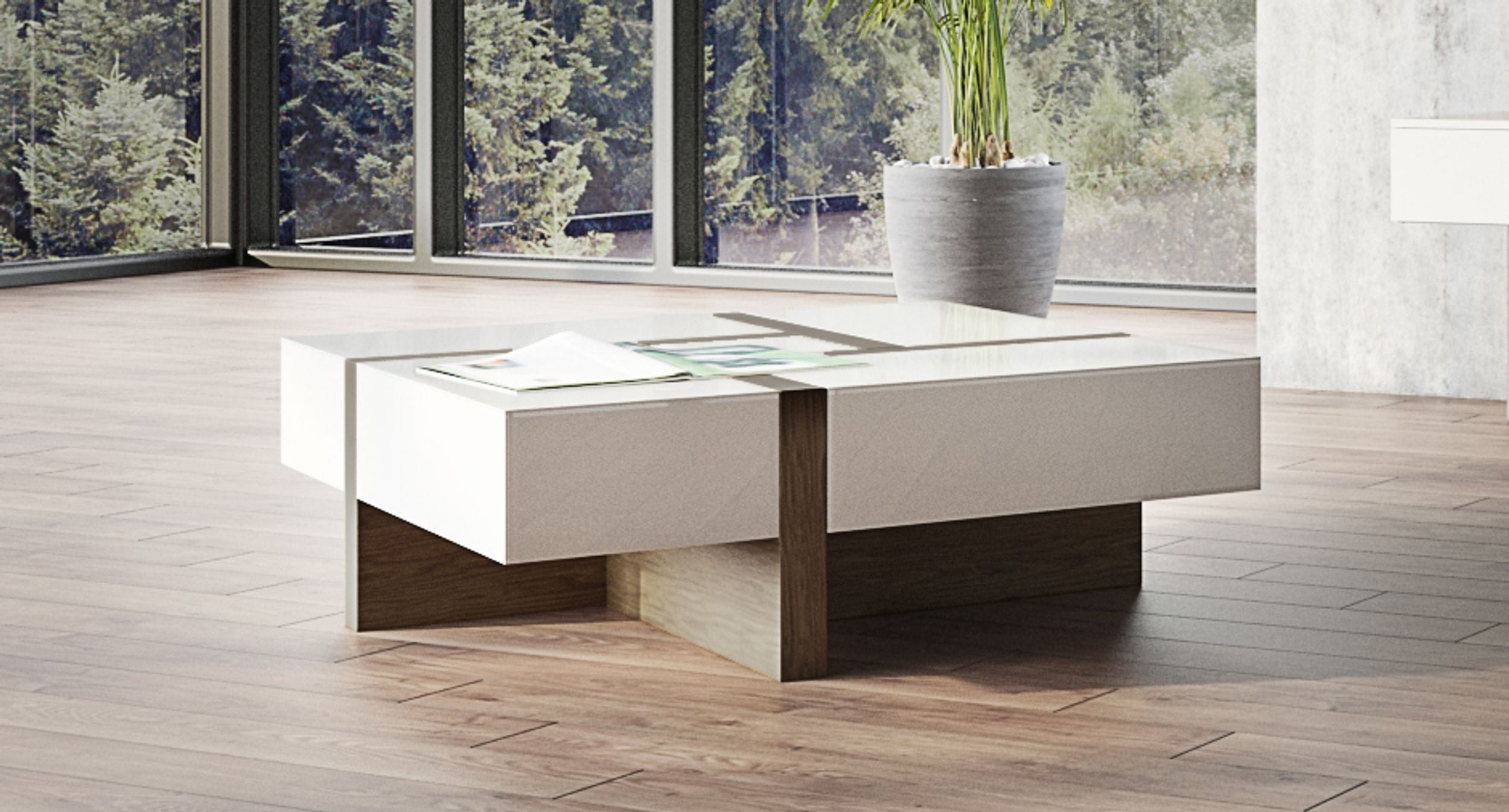 Makai Modern White & Walnut Square Coffee Table