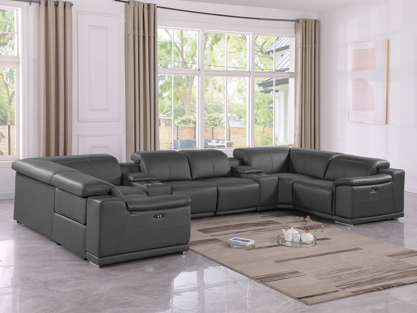 9762 Divanitalia 8-Piece U-Shaped Top Grain Italian Leather Sectional Sofa with 4 Power Recliners - Dark Grey
