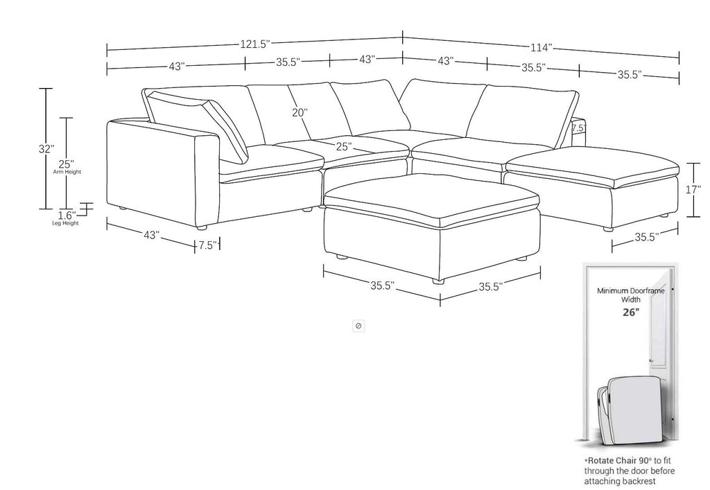1100 Divanitalia 6-Piece Right Arm Facing 3-Seat Sectional Sofa - Top-grain Italian Leather