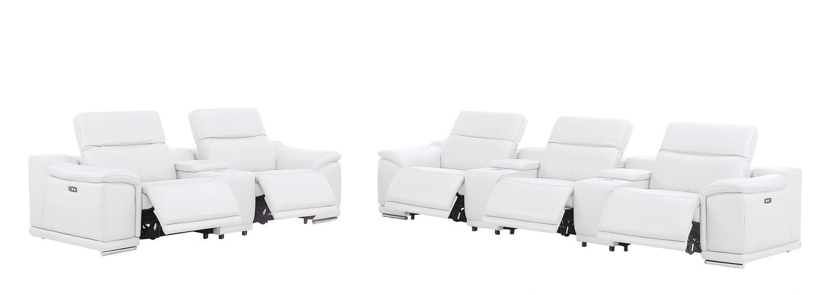 2679 Power Reclining Sofa and Loveseat in Genuine Leather - 5 Recliners with Power Headrests & 3 Consoles - White - SKU 2679-WHITE-8.5-HT-2PC - view 4