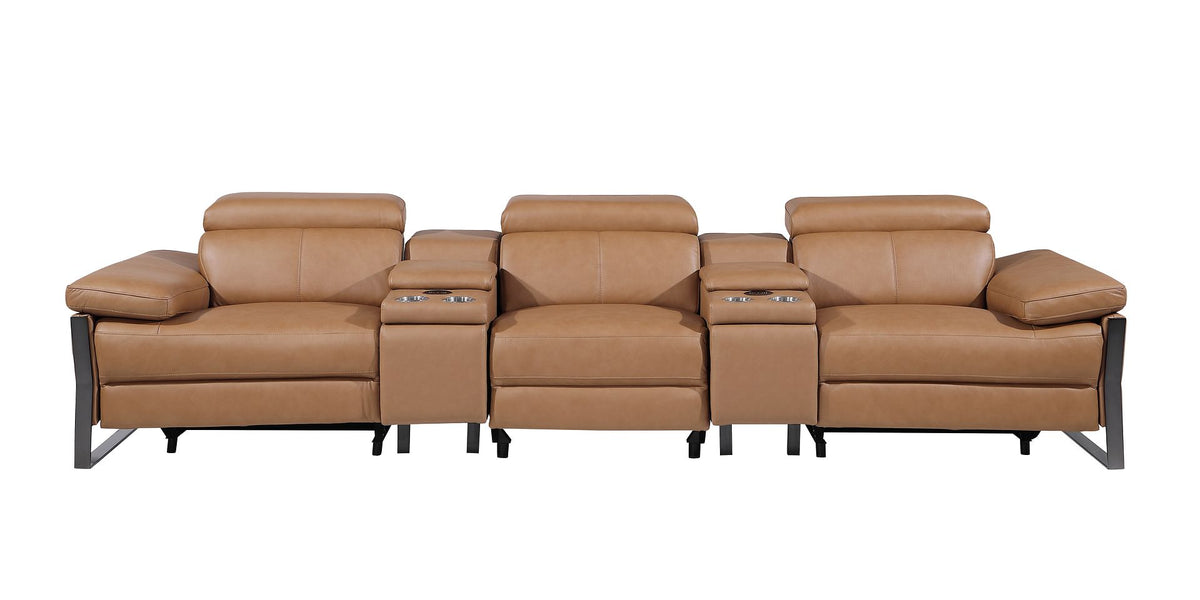 1246 Divanitalia Modular Power Triple Reclining Dual Console Sofa with Power Reclining Headrests - Top Grain Italian Leather - Cognac - SKU 1246-COGNAC-5.3-HT - view 3