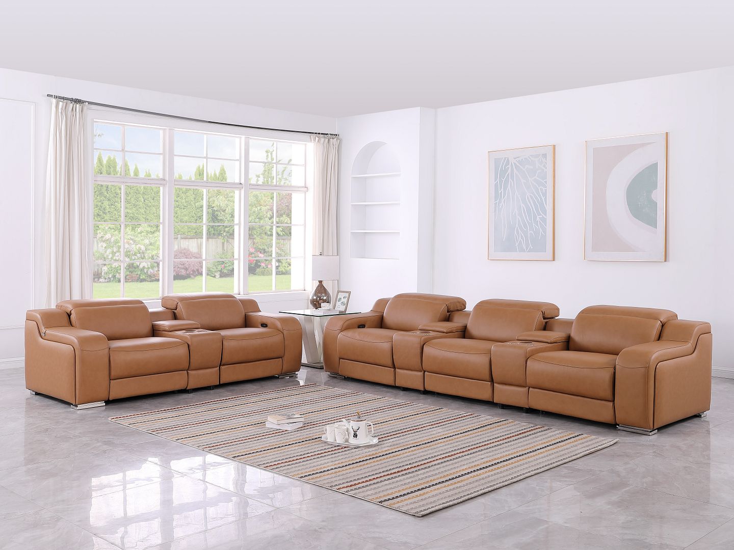 1116 Divanitalia 8-Piece Modular Power Reclining Sofa, Loveseat & Chair Set in Top Grain Italian Leather with 5 Power Recliners & Power Headrests - Cognac