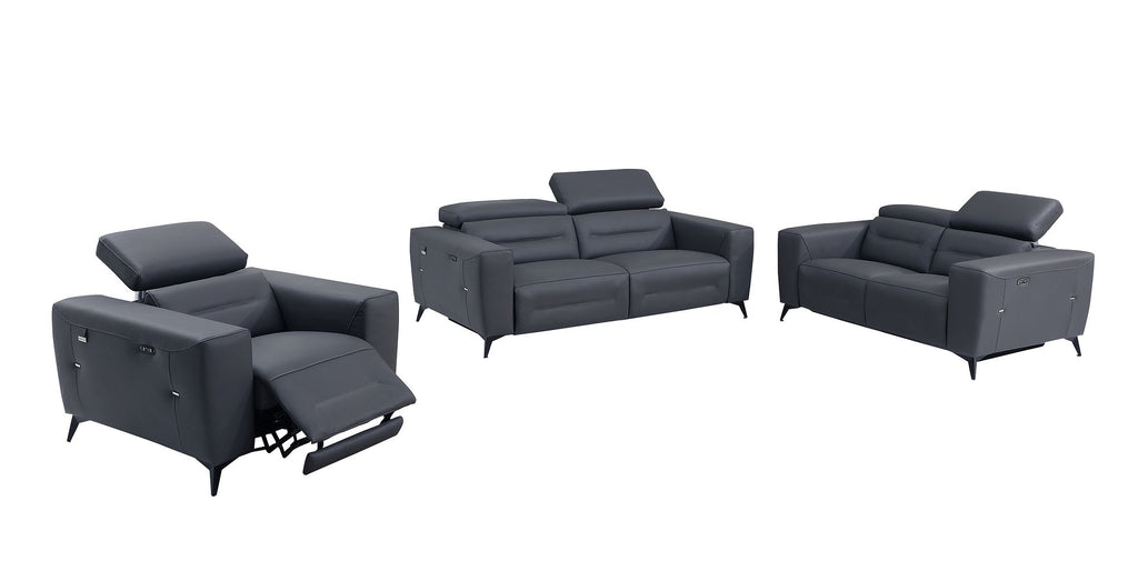 989 Divanitalia Power Reclining 3-Piece Sofa Set with Power Headrest in Top-grain Italian Leather - Dark Grey - SKU 989-DK-GRAY-3PC - view 2