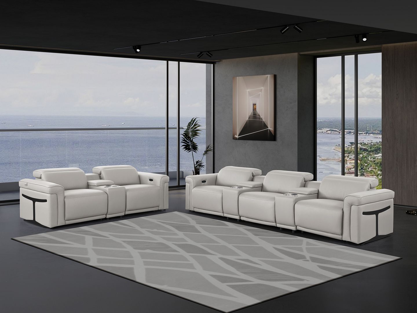 1126 Divanitalia 8-Piece Modular Power Reclining Sofa & Loveseat Set in Top Grain Italian Leather with 5 Power Recliners & Power Headrests - Light Grey