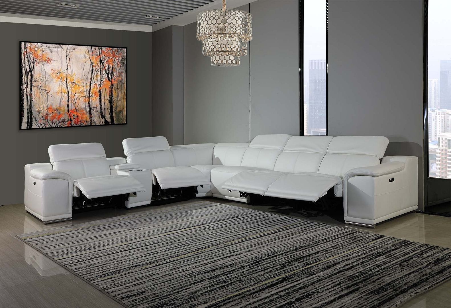9762 Divanitalia 7-Piece L-Shaped Top Grain Italian Leather Sectional Sofa with 3 Power Recliners - White