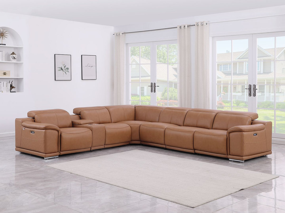9762 Divanitalia 7-Piece L-Shaped Top Grain Italian Leather Sectional Sofa with 3 Power Recliners - Cognac - SKU 9762-COGNAC-7PC-3PWR-SECTIONAL-GROUP