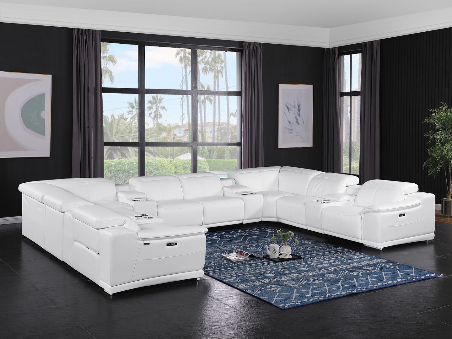 9762 Divanitalia 12-Piece U-Shaped Top Grain Italian Leather Sectional Sofa with 4 Power Recliners - White