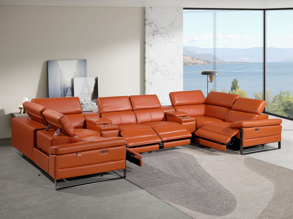 1246 Divanitalia 8-Piece U-Shaped Modular Power Reclining Sectional Sofa with 4 Power Recliners and Power Headrests - Top Grain Italian Leather