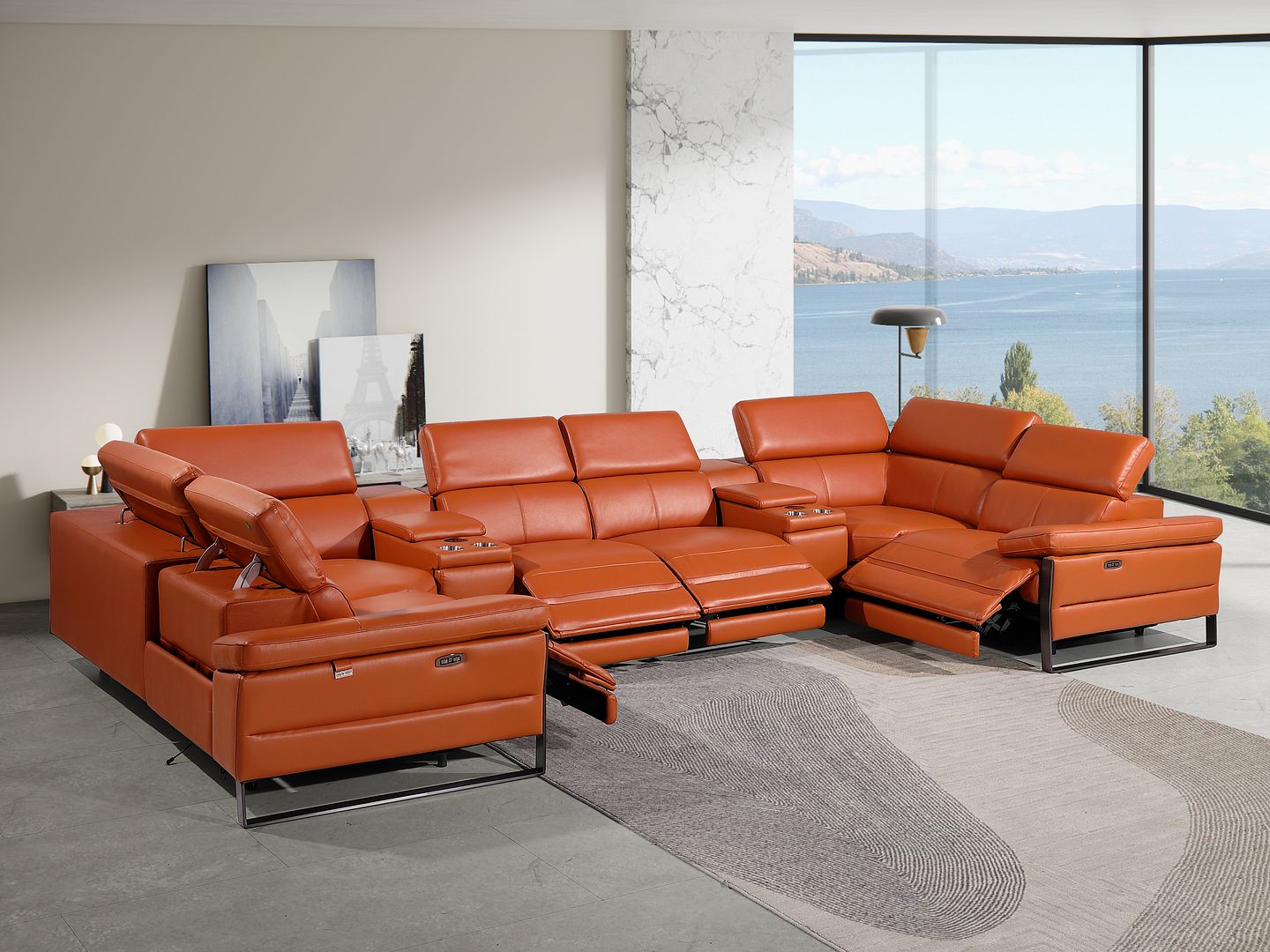 1246 Divanitalia 8-Piece U-Shaped Modular Power Reclining Sectional Sofa with 4 Power Recliners and Power Headrests - Top Grain Italian Leather
