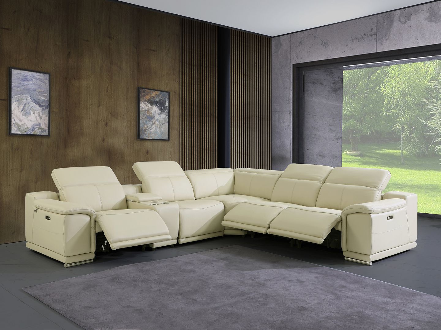 9762 Divanitalia 6-Piece L-Shaped Top Grain Italian Leather Sectional Sofa with 3 Power Recliners - Beige