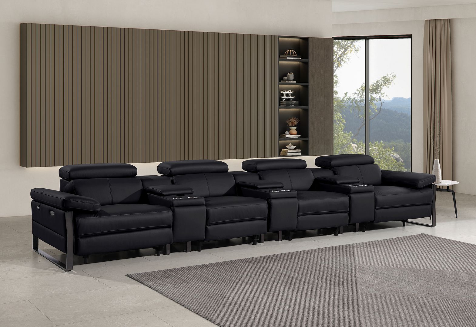 1246 Divanitalia Modular Power Triple Reclining Triple Console Sofa with Power Reclining Headrests - Top Grain Italian Leather - Black