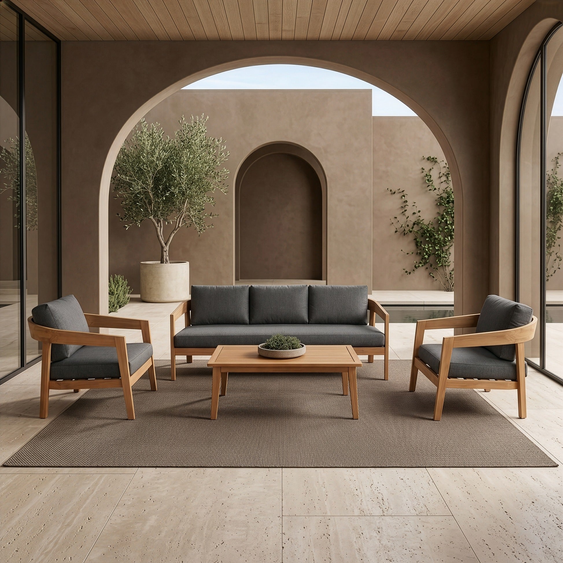 Sintra - Outdoor Grey Fabric + Eucalyptus Sofa Set