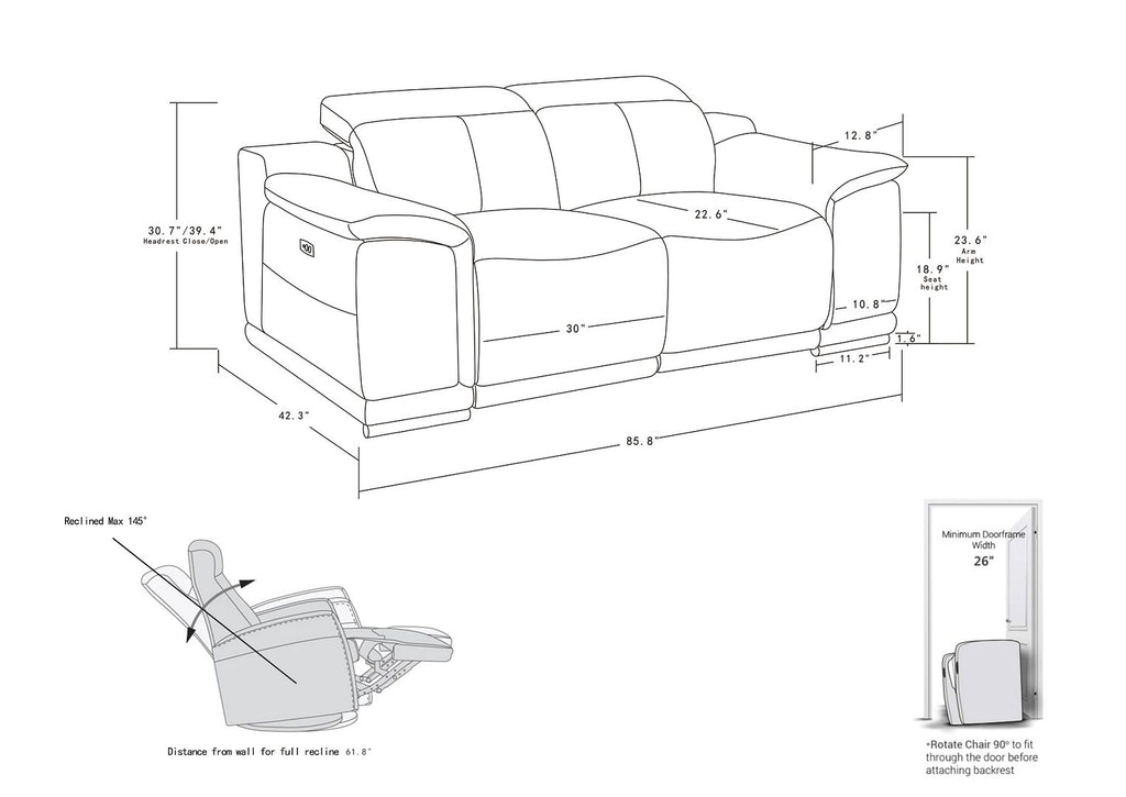 9762 Divanitalia Top Grain Italian Leather Power Reclining Loveseat with Adjustable Headrests