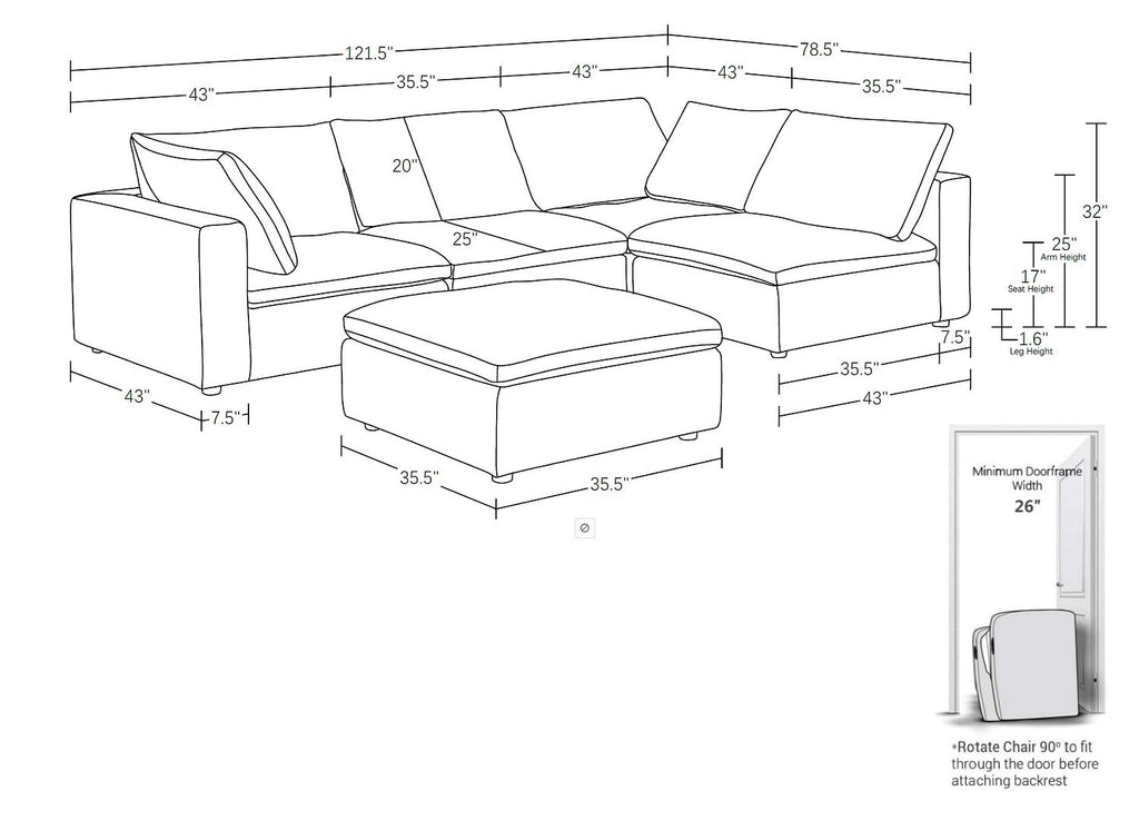 1100 Divanitalia 5-Piece Left Arm Facing 4-Seat Sectional Sofa - Top-grain Italian Leather
