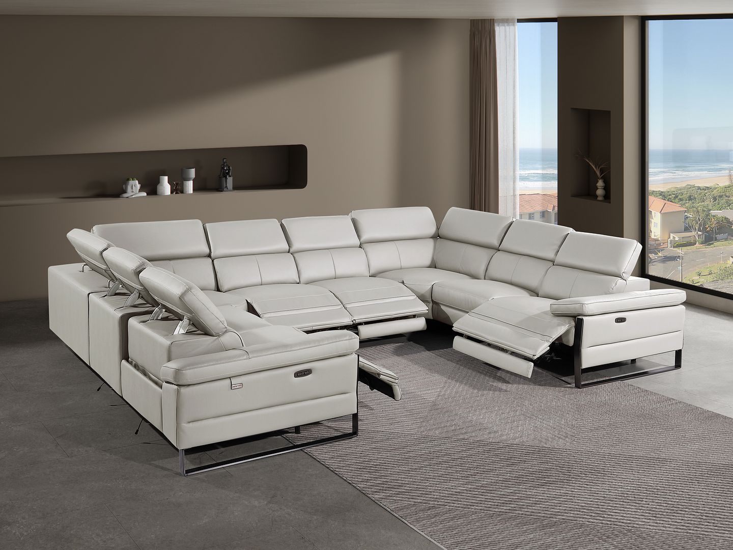1246 Divanitalia 8-Piece U-Shaped Modular Power Reclining Sectional Sofa with 4 Power Recliners and Power Headrests - Top Grain Italian Leather