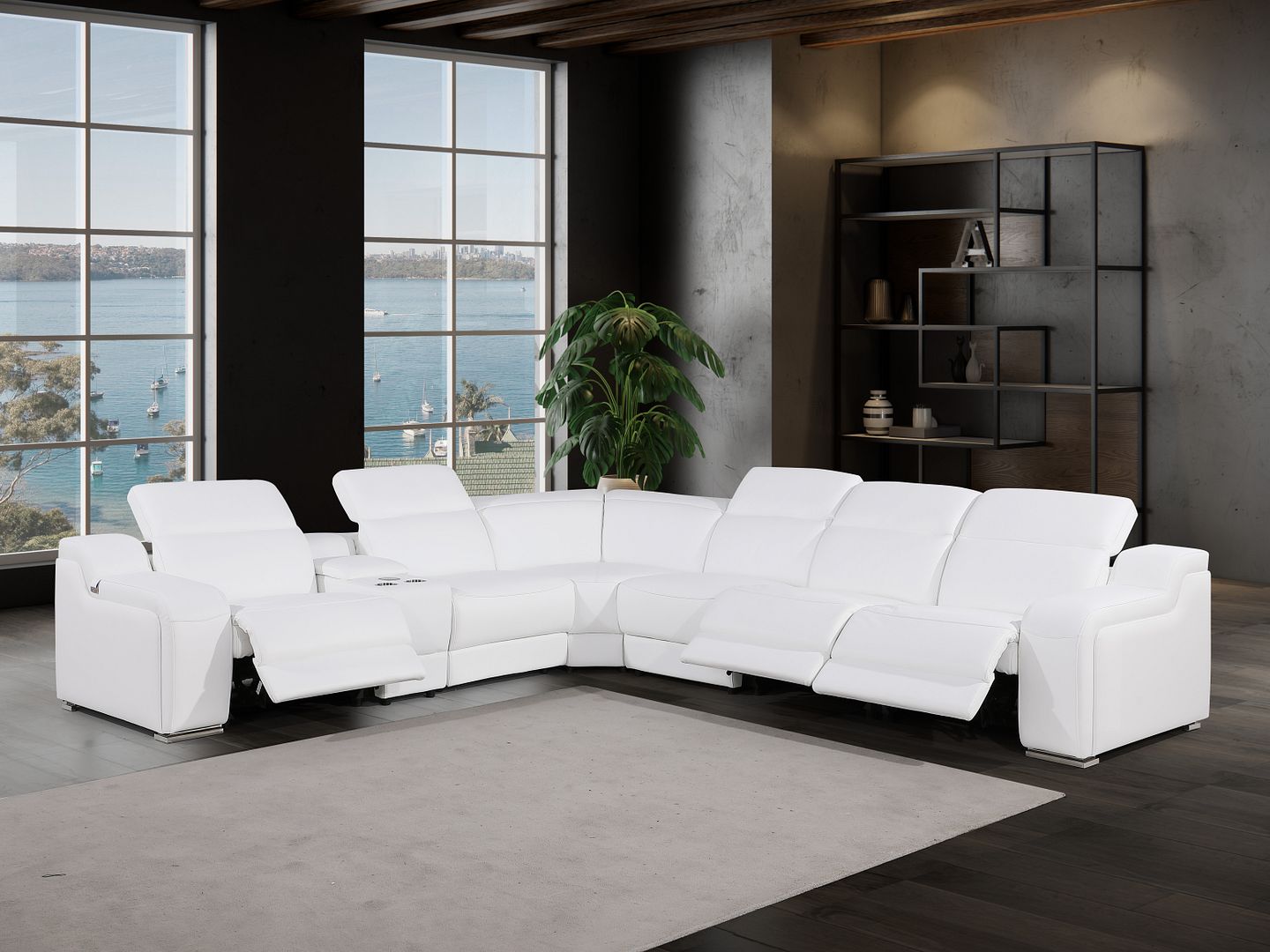 1116 Divanitalia 7-Piece L-Shaped Sectional Sofa in Top Grain Italian Leather with 3 Power Recliners & Power Headrests - White